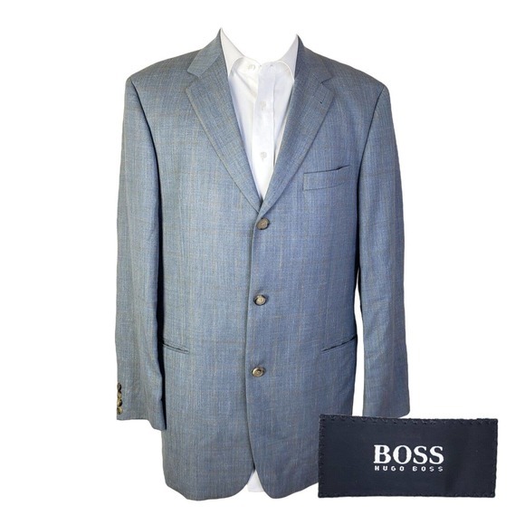 Hugo Boss Light Blue Check Wool Linen 3 Button‎ Blazer Mens 42L - Picture 1 of 8